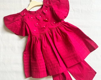 Raspberry Pink frock with bow,  Flower Girl Dress, Birthday Outfit, Baby Girl Party Costume, Ready To Wear Kids Pink Printed girl Dress