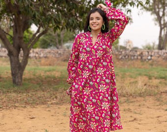 Pink Floral Cotton Midi Dress: Full Sleeves Vintage Style