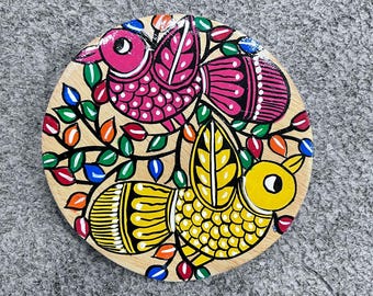 Hand-Painted Wooden Coasters Set, Rustic Bird Decor