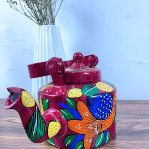 Hand Painted Tea Kettle Red, Blue And Yellow Color Hand Painted Aluminium Tea Maker Indian Tea Kettles Gift For Her, Best Mother&#39;s Day Gift.