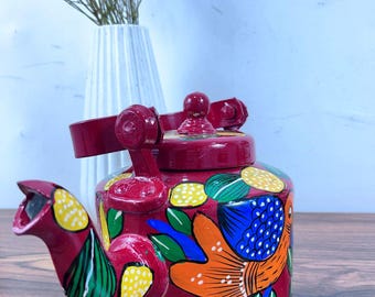 Hand Painted Aluminum Tea Kettle: Kalighat Art, Indian Tea Maker