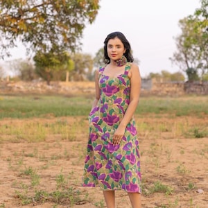 Half Sleeve Midi Dress Long Cotton Midi Dress Design Sleeves Square Neck Pure Cotton Dress Vintage Dress, Spring summer, Comfort And Stylish