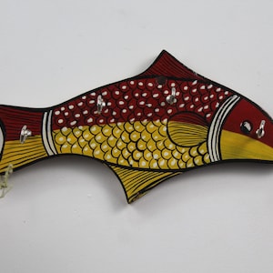 Hand Made Wooden Keys Holder , Wall Key Stand Red And Yellow Painted Fish Design Key Holder , Home And Wall Decoration, Wooden Key Holder ,