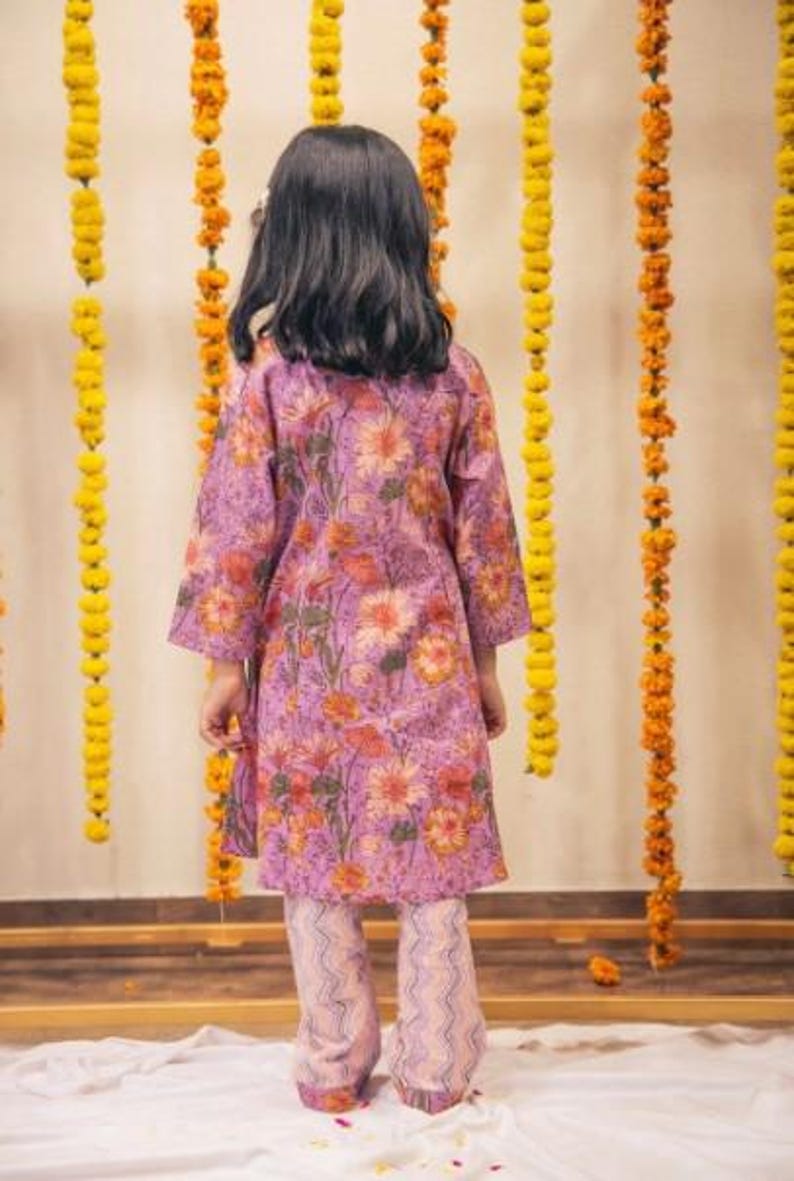Girls Floral Print Kurta Set For Girls | Indian Ethnic Dress For Girls | Hand Block Printed Kurti Made With 100% Pure Cotton Fabric Stylish And Comfortable Kurti For Kids Weddings And Festive Wear Kids Girl Kurta Set