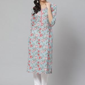 Flower Printed Long Kurti, Beautiful Cotton Kurti, Birthday Gift For Wife, Sky Blue Color, Causal daily Wear Outfit, 3/4 Sleeves Long Kurti
