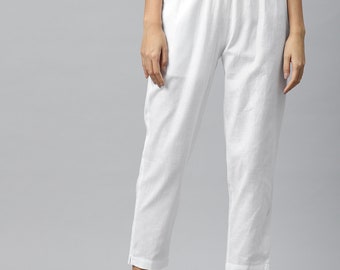 Summer Pants, Mid-Rise Linen Pants, Pants with Pockets* Ankle Length White Pants with Elastic Waistband* high waist trousers with pockets.