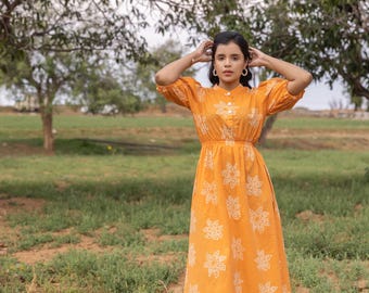 Floral Cotton Midi Dress: Balloon Sleeves, Mandarin Collar
