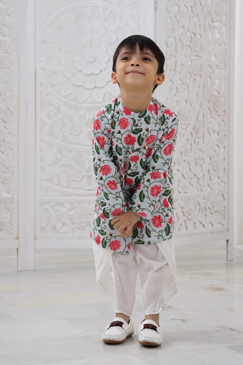 Babyhug Cotton Woven Full Sleeves Kurta & Dhoti Set With Floral Print - Blue & White main image 1