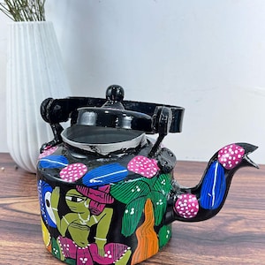 Elegant Indian Tea Pot, Hand Painted Tea Kettles, Black And Blue Color, Hand Painted Tea Kettles, Gift For Her, Unique Aluminium Tea  Kettle