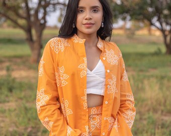 Yellow Floral Print Cotton Co-ord Set: Casual Semi-Formal