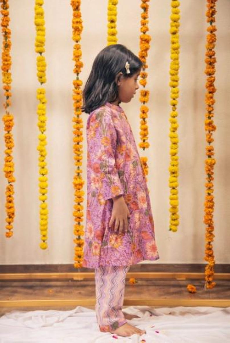 Girls Floral Print Kurta Set For Girls | Indian Ethnic Dress For Girls | Hand Block Printed Kurti Made With 100% Pure Cotton Fabric Stylish And Comfortable Kurti For Kids Weddings And Festive Wear Kids Girl Kurta Set