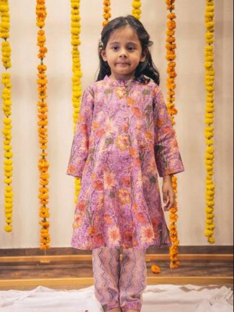 Girls Floral Print Kurta Set For Girls | Indian Ethnic Dress For Girls | Hand Block Printed Kurti Made With 100% Pure Cotton Fabric Stylish And Comfortable Kurti For Kids Weddings And Festive Wear Kids Girl Kurta Set
