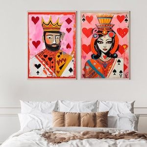 King and Queen of Hearts,  Printable Gallery Set of 2, Modern, Coupel, Love, Pink, Orange and Red, heart, Large size wall art, A1