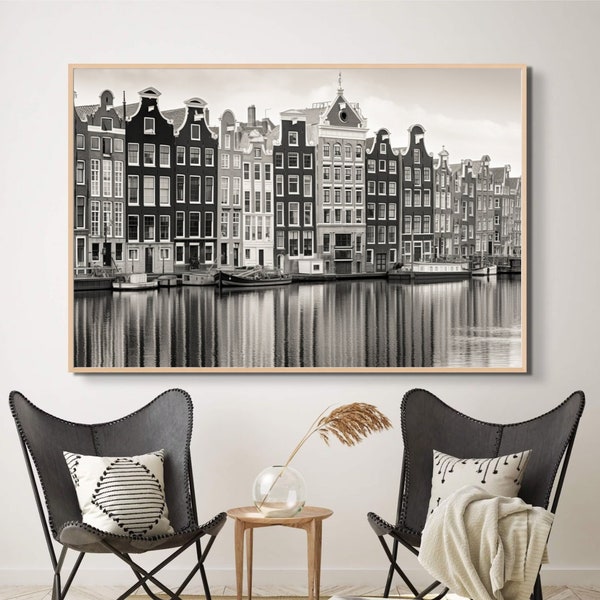 Amsterdam gracht, city view, European architecture print, Dutch travel poster, Digital Art, City Portrait, Vintage Street Photography