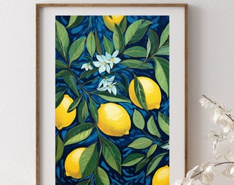 Lemons on blue background, style of William Morris, Mediteraean Fruit, Summer, Wall art for summer, fruit pattern print, Lemontree, A1
