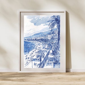 Bonita vista a la playa, ilustración en tonos azules, Pintura Vintage, Riviera Francesa, Cartel Retro, Arte Digital Imprimible, Costa Azul