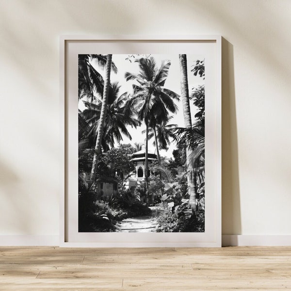 Pagoda and Palmtree, Vintage Photography, Rainforest in India, Retro Poster, Black and White Photography,  Digital Art, Jungle, Botanical