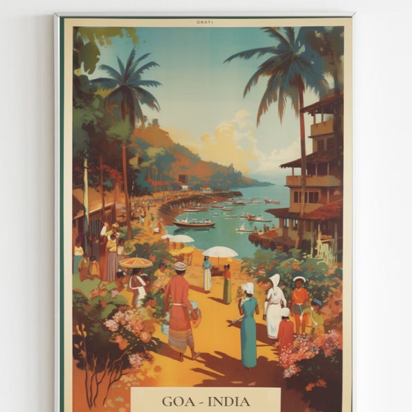 Goa, India, Vintage Travel Poster, Travel advertising, digital print, vintage art, wall art, Beach, Boats, retro, A1