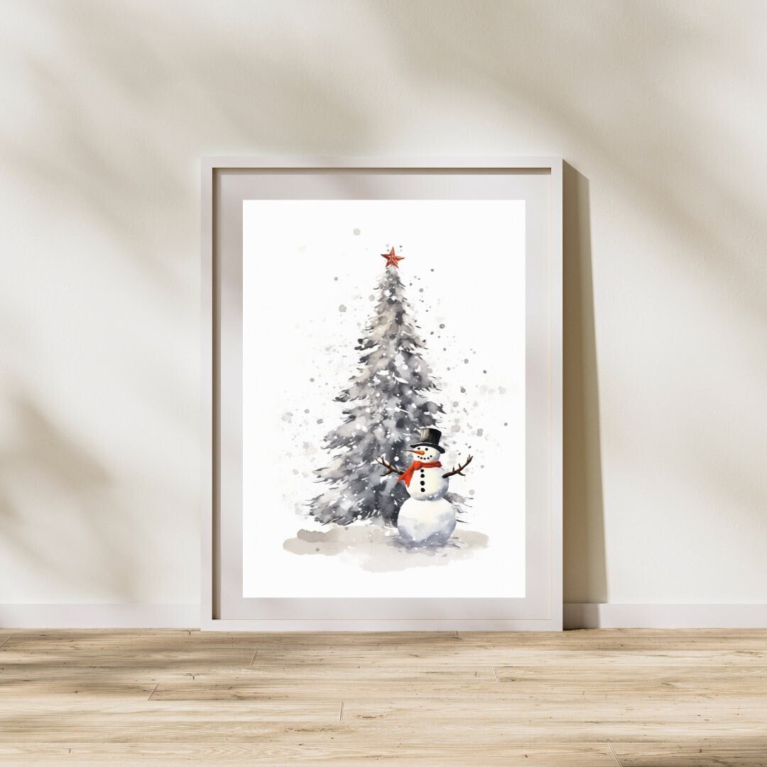 Weihnachtsbaum mit glücklichem Schneemann, Winterkunst, Feiertagsdekor Weihnachtsbaum mit glücklichem Schneemann, Winterkunst, Feiertagsdekor