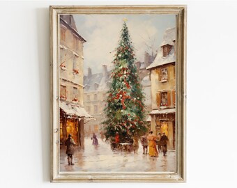 Vintage Christmas Village Art Print: Snowy Town Square (A1)