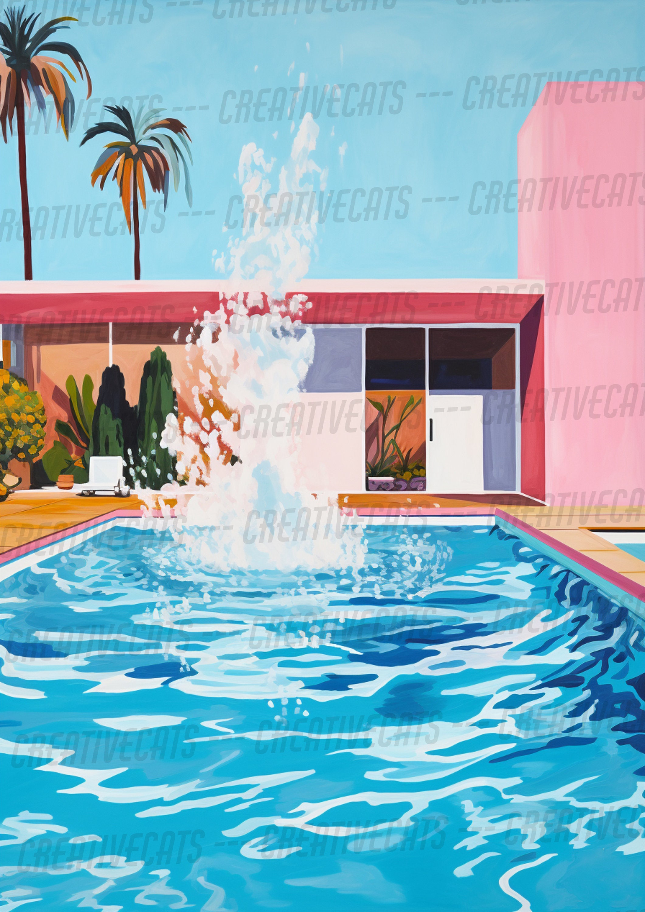 Vintage Pool Print, Colorful Pop Art, Summer Wall Decor (digital