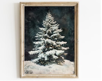 Lámina navideña vintage con diseño de árbol de Navidad y paisaje invernal nevado (descarga digital).