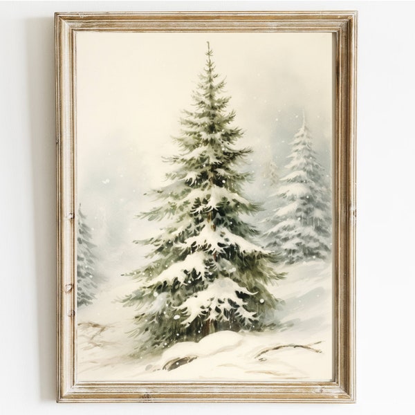 Vintage Christmas Tree, Pine Tree Vintage Print,  Winter Art, Holiday Decor, Moody Neutral Holiday Art, Fir Tree in the snow, retro print,A1