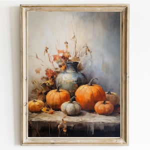 May include: A still life painting of a blue vase and several orange pumpkins with dried leaves and branches in the background.