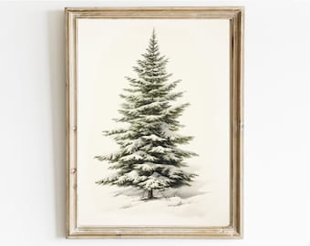 Vintage Pine Tree Christmas Print: Moody Winter Holiday Decor (A1)