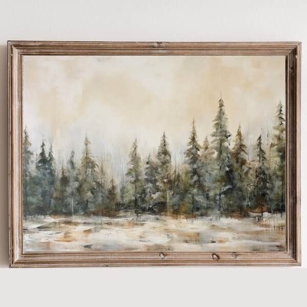 Pine Forest in the snow, Winter Pine Forest, Vintage Christmas Painting, Rustic Landscape, Oil painting, digital print