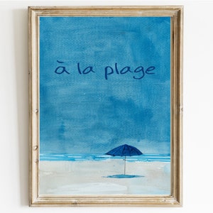 À la plage, Arte francés, ilustración en tonos azules, Pintura minimalista, Estampado retro francés, Arte digital imprimible Summer Wallart
