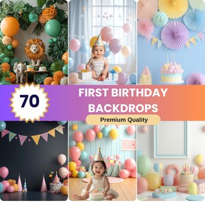 May include: 70 First Birthday Backdrops, Premium Quality.  A collection of digital backdrops featuring colorful balloons, cakes, and decorations for a first birthday party.  The backdrops are perfect for photographers and parents who want to create unique and memorable photos.