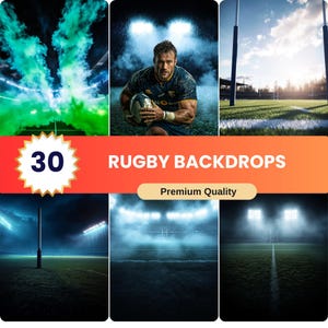 Peut inclure: 30 fonds d'écran de terrain de rugby, avec une variété d'éclairages et de conditions météorologiques, y compris de la fumée, du brouillard et du soleil. Les fonds d'écran sont parfaits pour créer des scènes de rugby réalistes.