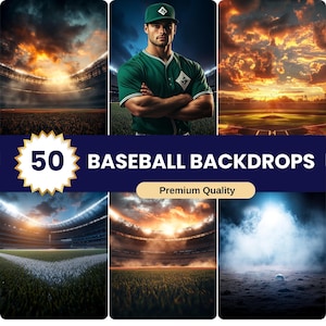 May include: 50 Baseball Backdrops, a collection of digital backgrounds featuring various baseball stadium scenes, including a sunset sky, a stadium with lights, and a foggy field. Premium Quality.