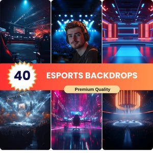 Può includere: Un collage di sei immagini con sfondi a tema eSport. L'immagine centrale mostra il testo "40 ESPORTS BACKDROPS" in bianco su uno striscione arancione, con "Premium Quality" sotto. Le altre immagini mostrano arene di gioco e una persona con le cuffie.