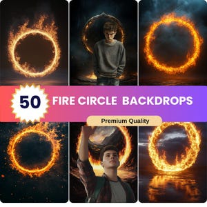 Pode incluir: 50 Cenários de círculo de fogo - Qualidade premium. Uma coleção de cenários digitais com círculos de fogo laranja e amarelo sobre fundos escuros. Alguns cenários apresentam uma pessoa em pé em frente ao círculo.