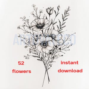 Geburtsblumenstrauß, Familie Geburtsmonat Tattoo-Design, bis zu 52 Blumen, Blumenstrauß-Druck Floral Tattoo Design Digitaler Download