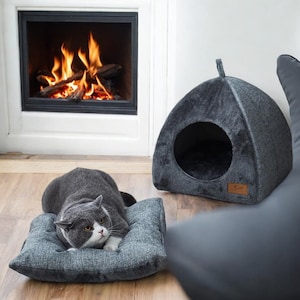 May include: A gray cat is lying on a gray and white patterned cushion. The cat is looking to the right. Behind the cat is a gray cat bed shaped like a teepee. The cat bed has a brown label that says "Cat".