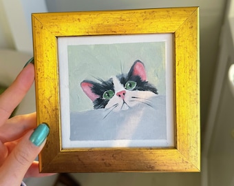 Mini Original Oil Painting Tuxedo Cat – Hand Painted Black & White Cat Art in Gold Frame, Tiny Cat Wall Decor