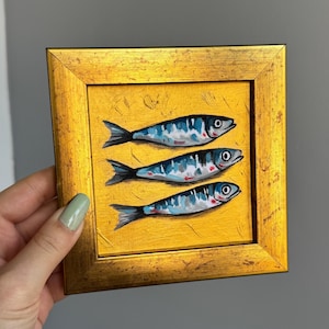 Original Framed Sardines Oil Painting, Mini Gold Background Fish Art, Small Hand Painted Wall Decor, 5.1 x 5.1 Inch