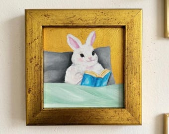 Reading Bunny Oil Painting, Original Hand Painted Rabbit with Book, Mini Gold Art, Nursery & Library Wall Decor
