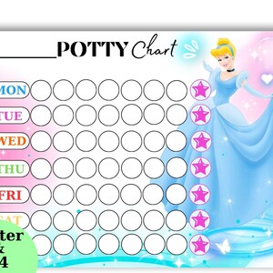 Cuadro de entrenamiento para ir al baño de Cenicienta - Cuadro de entrenamiento para ir al baño de princesas - Cuadro de pegatinas - Cuadro de recompensas por el entrenamiento para ir al baño - Entrenamiento para ir al baño - Carta y A4