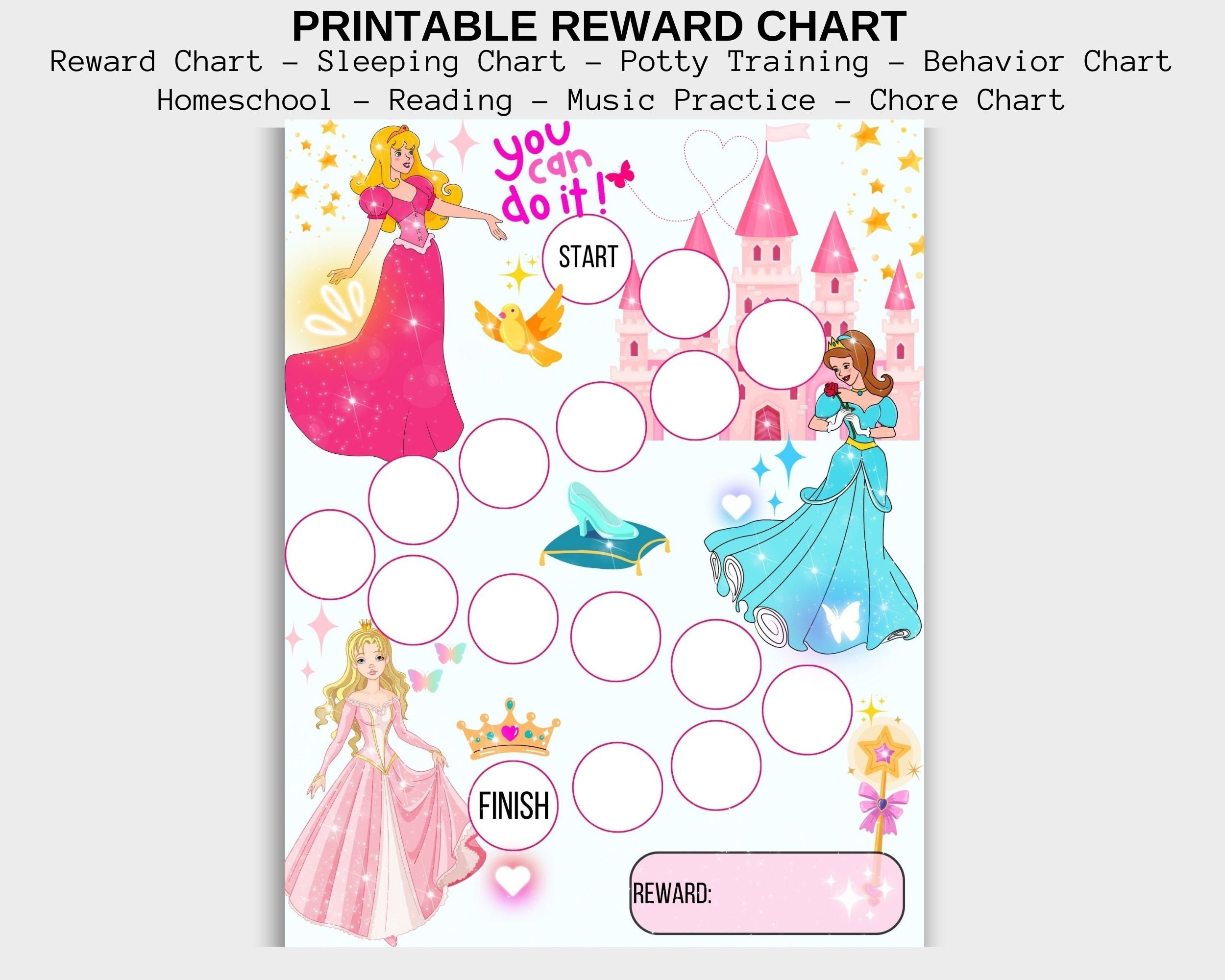 Girls Princess Reward Chart: Potty Training, Chores, Behavior Tracker ...