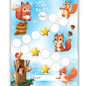 Beloningstabel eekhoorn voor kinderen – slapen, karwei, lezen, gedrag, stickertabel – routineschema dieren – afdrukbare tabel zindelijkheidstraining