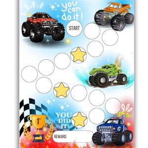Tableau des récompenses Monster Truck - Tableau des tâches ménagères imprimable pour les enfants - Suivi du comportement - apprentissage de la propreté - Routine sommeil et lecture - Tableau d'autocollants