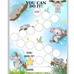 Cuadro de recompensas de koalas - Cuadro de comportamiento infantil imprimible - Cuadro de entrenamiento para ir al baño - Cuadro de tareas - Cuadro de calcomanías - Cuadro de sueño - Carta y A4