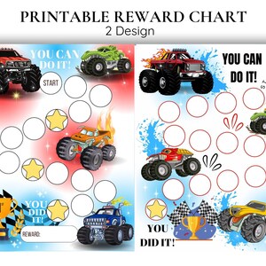 Ensemble de tableaux de récompenses Monster Truck - Comportement, sommeil, lecture, tableau d'autocollants | Tableau de motivation imprimable pour enfants - Tableau d'apprentissage de la propreté