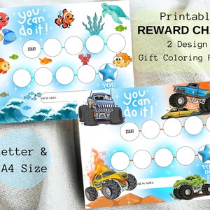 Tableau des récompenses Monster Truck et animaux marins - Tableau des tâches ménagères pour les enfants - Tableau des récompenses de lecture - Tableau de l'apprentissage de la propreté - Tableau du sommeil - Tableaux pour l'école