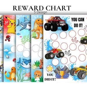 Ensemble de tableaux de récompenses imprimables pour garçons - Bleu, dinosaure, requin, Pikachu-Monster Truck - Comportement - Lecture - Sommeil - Tableau d'apprentissage de la propreté