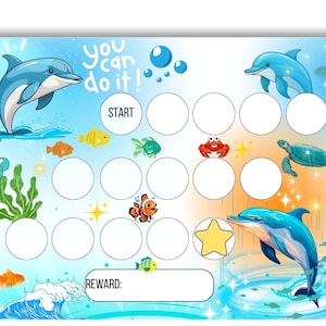 Może przedstawiać: Drukowana tabela w kolorze niebieskim i pomarańczowym z delfinem, żółwiem, krabem i rybą. Tabela zawiera siatkę kółek z napisami "You can do it!" i "Start" u góry. Tabela została zaprojektowana dla dzieci, aby śledziły swoje postępy.